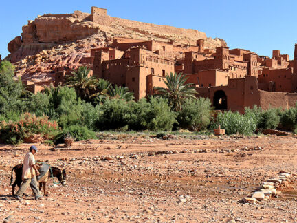 Ein Stadt in Marokko davor ist ein Esel und ein Mann zu sehen
