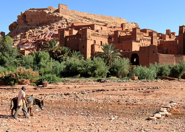 Ein Stadt in Marokko davor ist ein Esel und ein Mann zu sehen